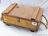 Nice lockable wooden chest with box jointed corners is in good condition. Measures 16