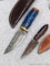 Seller notes these handmade damascus knives are 1095 and 15N20 steel. The larger knife has a 4
