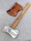 Marbles brand Hunter's Axe, no 9DB, with blade sheath and hickory handle. Measures 14-1/2