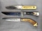 Three fixed blade knives incl USA made Utica Sportsman, German made Unimart, other. Longest 10-5/8