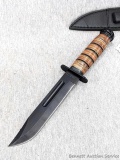 US Military style fixed blade knife with black sheath and sharpening stone. Blade marked BK2215 & US