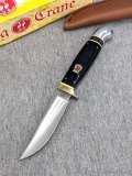 Kissing Crane fixed blade knife is No. KC5003, comes with leather sheath. Knife is 7-3/4