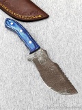 Seller notes this handmade damascus knife is 1095 and 15N20 steel. The knife has a 4 1/4
