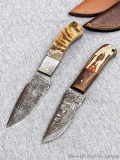 Seller notes these handmade damascus knives are 1095 and 15N20 steel. The larger knife has a 3 3/4