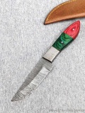 Seller notes this handmade damascus knife is 1095 and 15N20 steel. The knife has a 3 1/2