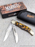 Marbles brand Tortoise shell folding pocket knife with black case and box. Blade, handles slabs and