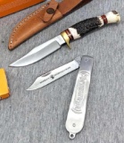 Pair of Marbles brand knives. Fixed blade knife with sheath and box, box labeled MA526 and measures