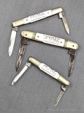 Three vintage folding pocket knives by R. Jordan with mother of pearl handles. All three knives are
