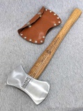 Marbles brand Hunter's Axe, no 9DB, with blade sheath and hickory handle. Measures 14-1/2