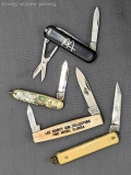 Four folding pocket knives incl. Victorinox, G Schrade, American Blade, and others. all the knives