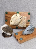 Interesting pieces made of carved stone, wood and accents. Dragon's head has geode in top, see pics.