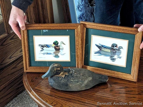 Old wooden duck decoy with a weight on the bottom, one mallard and one wood duck picture. Both by