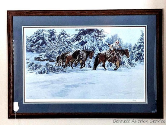 When Trails Grow Cold print by Paul Calle is signed and numbered, featuring horses carrying a hunter