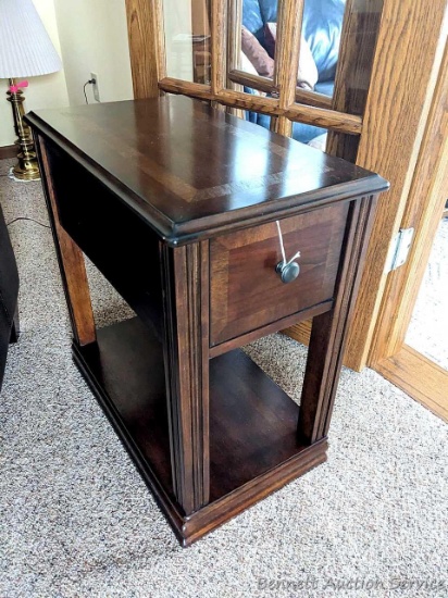Small end table measure approx 13" x 23" x 22 deep. Inlay top, easy-glide drawer and storage area