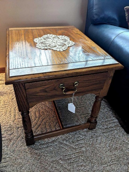 21" wide, 21" high, 26" deep side or end table. Finish is worn on top left side. Sturdy, nice table