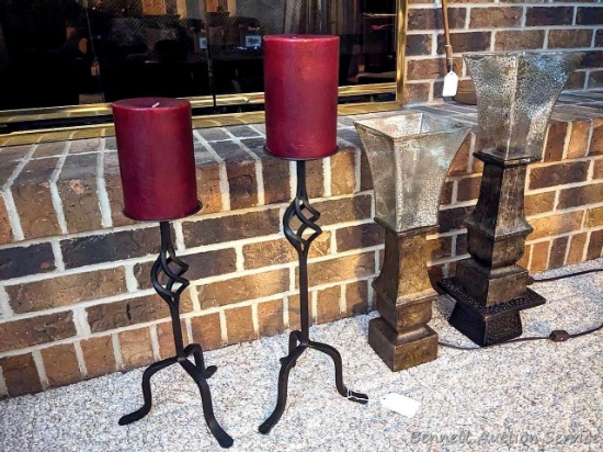 2 wrought iron candle stick holders with scented candles and 2 electric lamps with glass tops. Small