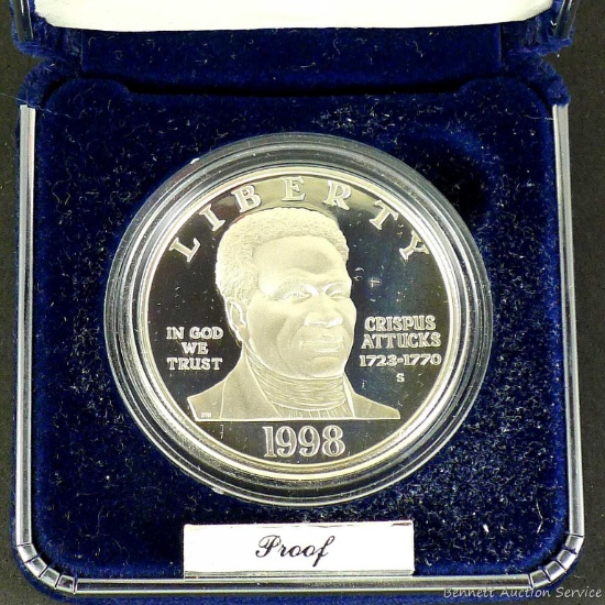 US Mint 1998 Crispus Attucks silver proof coin. Looks to be a Black Revolutionary War commemorative