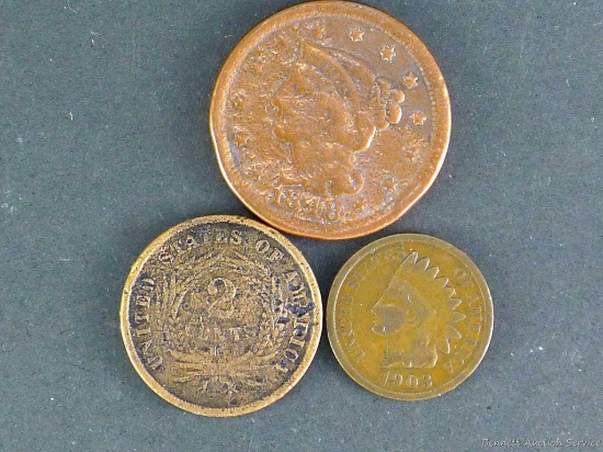 1866 Two-Cent piece, pitted. 1848 Liberty Head large cent, polished. 1903 Indian Head penny.