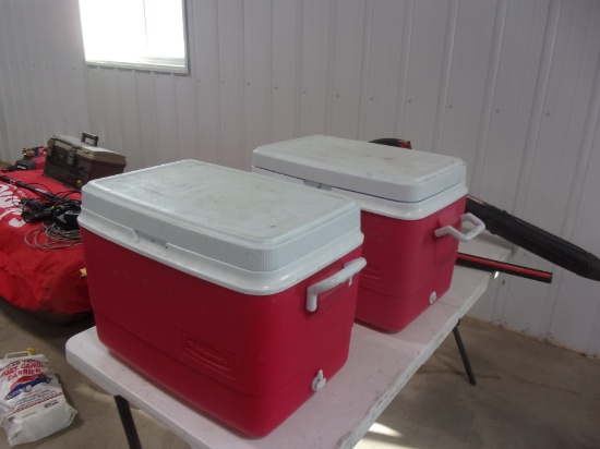 2 RED RUBBERMAID COOLERS  W/SHOP RAGS