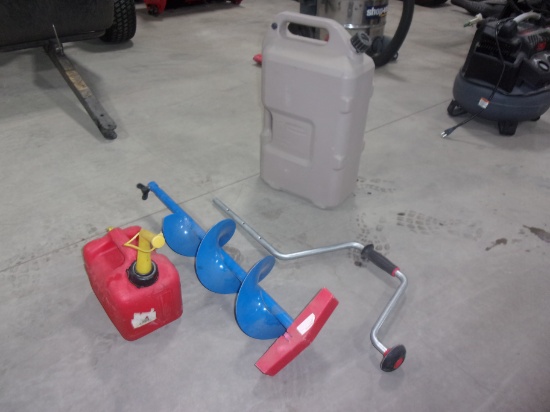 6 GAL WATER JUG, 1 GAL GAS JUG & ICE AUGER