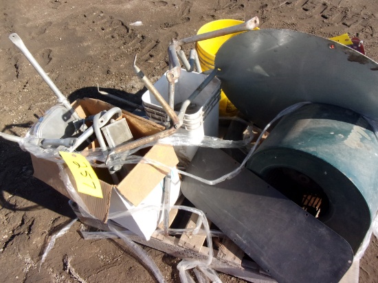 4 PALLETS, OLD PLOW PARTS GREASE GUNS, OIL, MIRRORS & SQUIRREL CAGE FAN