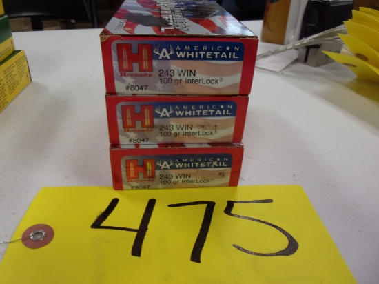 3BOXES HORNADY AMERICAN WHITETAIL 243, 100 G Interlock, 60 rds.