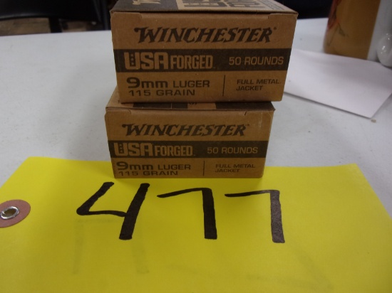 2-BOXES WINCHESTER 9MM, full metal jacket, 100 rds.