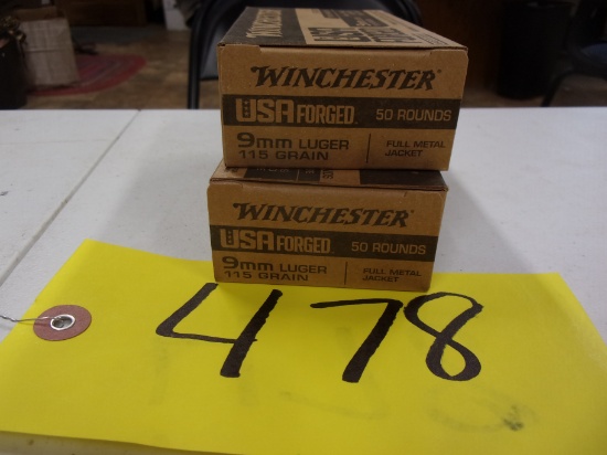 2-BOXES WINCHESTER 9MM, full metal jacket, 100 rds.