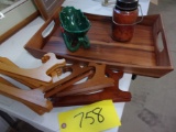 WOOD TRAY, CANDLE, PICTURE FRAMES, PLATE HOLDERS, MISC TABLE CLOTHES TOWELS ETC.