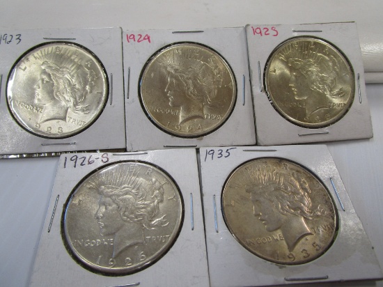 5- PEACE SILVER DOLLARS: 1923, 1924, 1925, 1926 S, 1935
