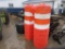 SEVERAL STACKS OF TRAFFIC WARNING  BARRELS & 14 WEIGHTED BARREL BASES