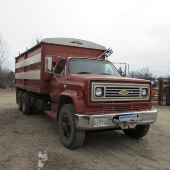 1980 CHEV. C-75 TWIN SCREW w/ 18' BOX, 427, Eaton 10 spd., elec. roll tarp, 3 pc. end gate