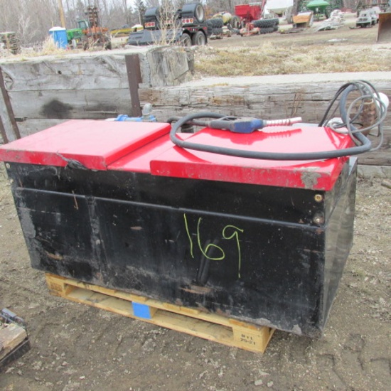 TWO COMPARTMENT SERVICE TANK (90 & 45 gal.), tool box, 12V pumps, missing one hose