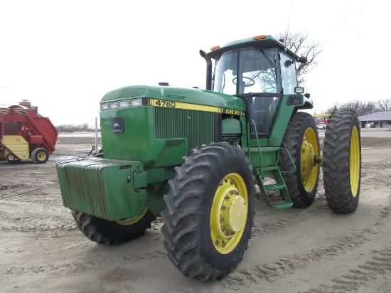 JOHN DEERE 4760 MFWD, P.S., 3-remotes w/ power beyond,  3 pt., frt. end wts, 14.9 x46" dualed,