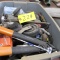 TOTE OF MISC. SHOP TOOLS & SUPPLIES, 2 CASTER WHEELS, PRUNER, SMALL CLAMPS, & DRILL BRUSHES