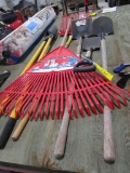 POST HOLE DIGGER, 3 SHOVELS, LEAF RAKE, FORK RAKE