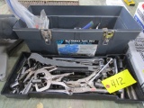 TOOLBOX FULL OF RACHETS,SOCKETS, VISE GRIPS, MISC. WRENCHES, WOOD CHISELS, NUT DRIVERS & PIPE WRENCH