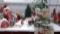 BARN, METAL TRAY, SANTAS, 4 LG ORNAMENTS, SLEIGH, 2 PILLOWSw/ matching runner, some greens