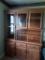 6'  SOLID OAK TWO PIECE CHINA CABINET W/ DOVE TAIL DRAWERS & GLASS SHELVES, hand crafted