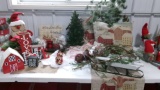 BARN, METAL TRAY, SANTAS, 4 LG ORNAMENTS, SLEIGH, 2 PILLOWSw/ matching runner, some greens