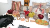 FALL PILLOWS & VARIETY OF PUMPKINS, 2 WOODWICK CANDLES, & WITCHES HAT