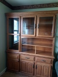6'  SOLID OAK TWO PIECE CHINA CABINET W/ DOVE TAIL DRAWERS & GLASS SHELVES, hand crafted