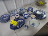 ASSORTED BLUE WILLOW PLATES, CUPS, BOWLS, etc.