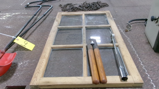 4 COW TIES; DEHORNER, PILL GUN, ICE AUGERS,  & 6 PANE WINDOW