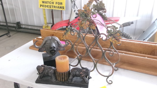 TABLE TOP WINE RACK;    ELEPHANT CANDLE HOLDER;     ANIMAL BUST