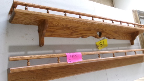 QUILT RACK;   2 OAK PLATE SHELVES;