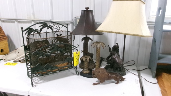 2 LAMPS, CANDLE HOLDER, LION STATUE, 2 MAGAZINE RACKS