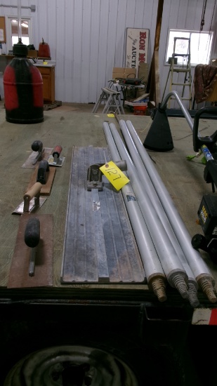 4' BULL FLOAT w / 4 6' HANDLES & MISC. CONCRETE TOOLS
