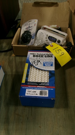 1/2" X 25' UNUSED DOCK LINE, UNUSED COMPASS, & MARINE CB