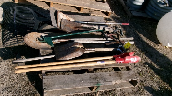 POST HOLE DIGGER, SHOVELS, RAKE  & MISC. TOOLS